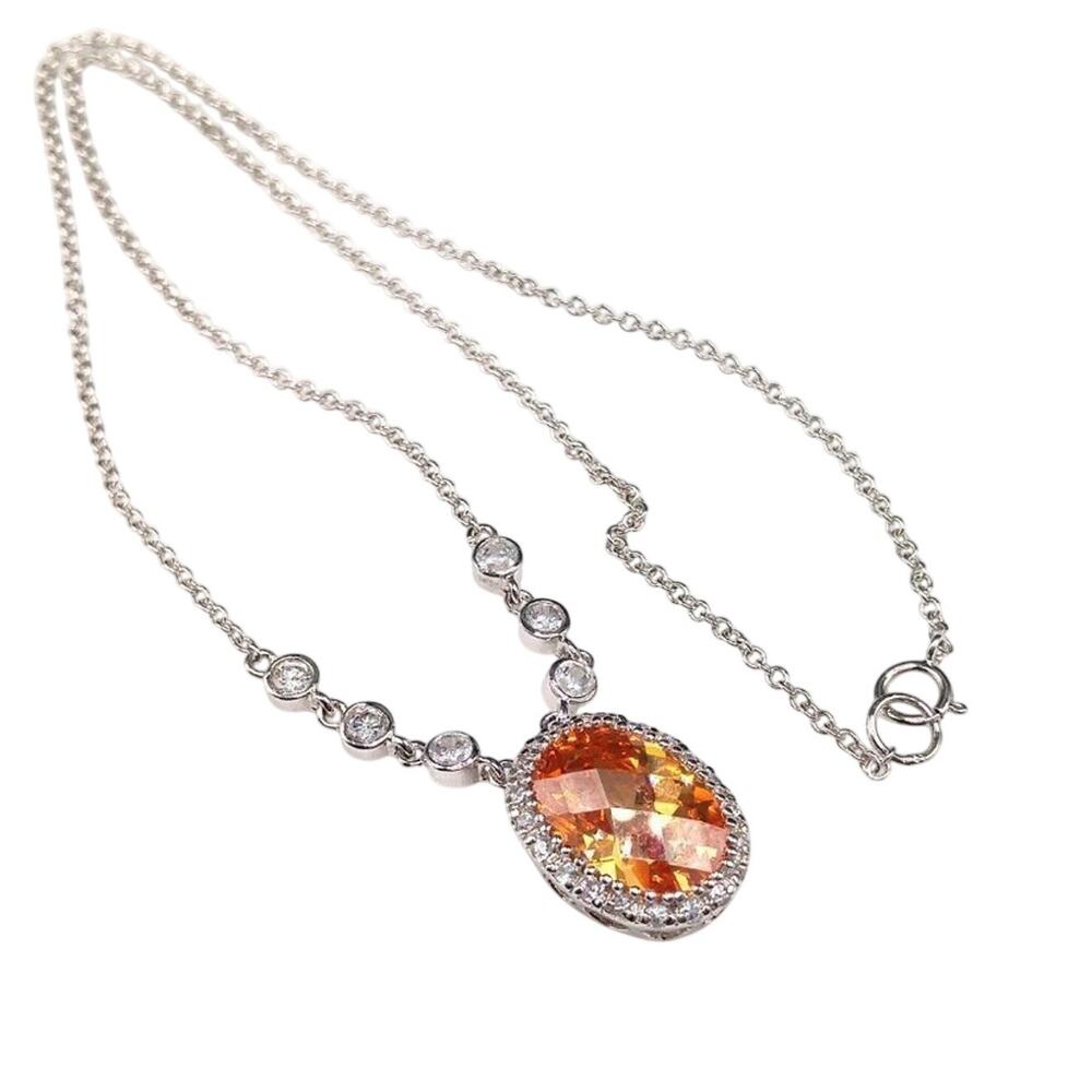 925 Silver Peach CZ Halo Necklace FAS Orange Crystal Pendant 16 Inch